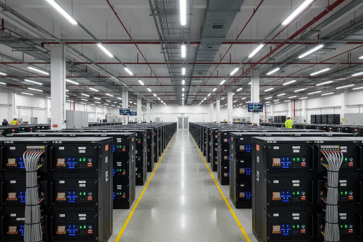 Many Lifepo4 batteries in a rack format, in a warehouse room